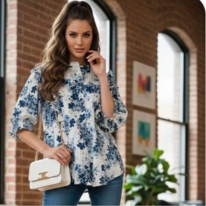 Erdem x Universal Standard Kalina Blue and White Floral Shirt - Size Medium